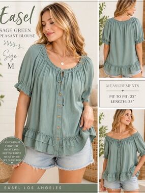 Easel Sage Green Boho Peasant Blouse Ruffle Hem Button Top Medium